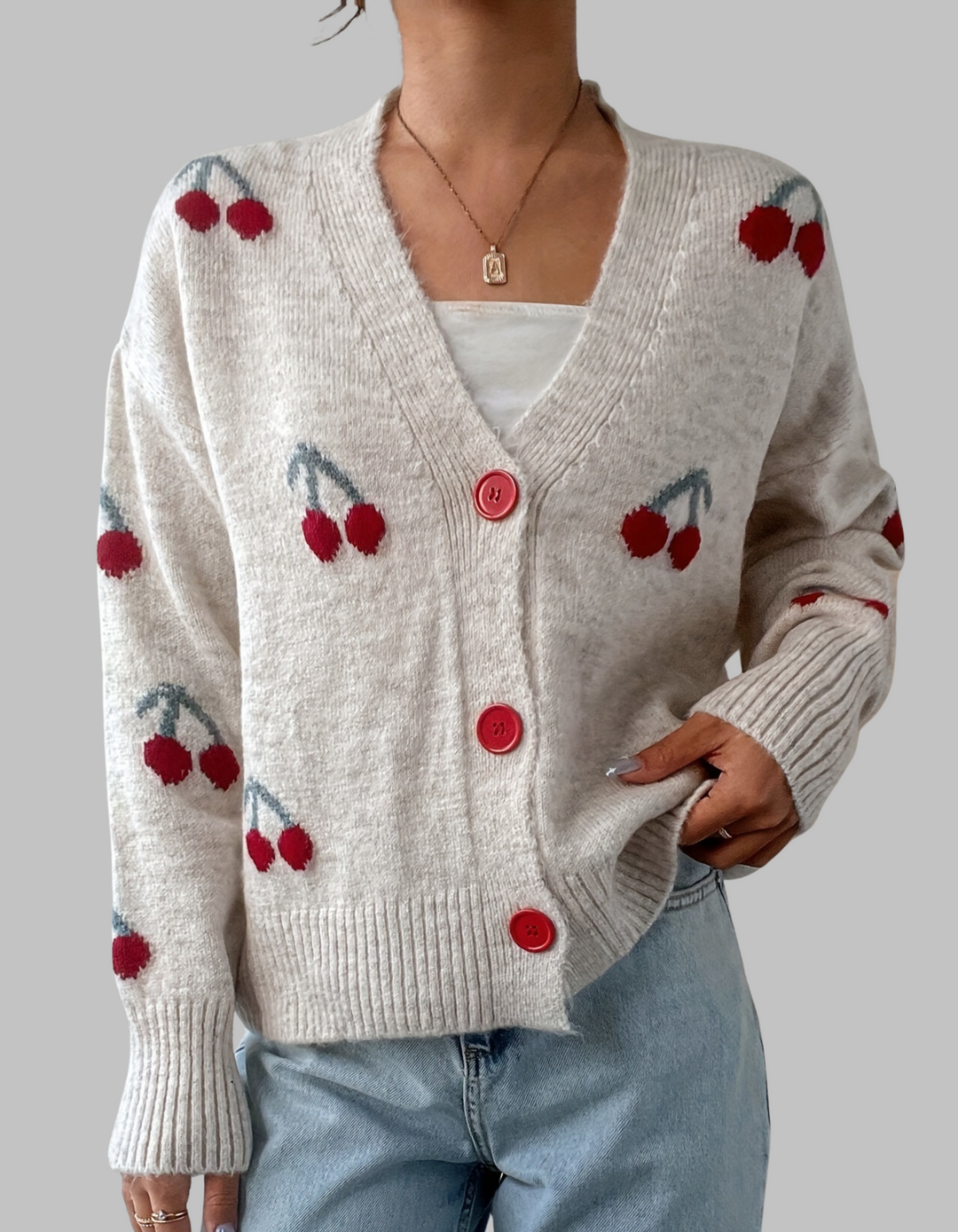 Vera – Playful Chic in a Cherry-Kissed Cardigan
